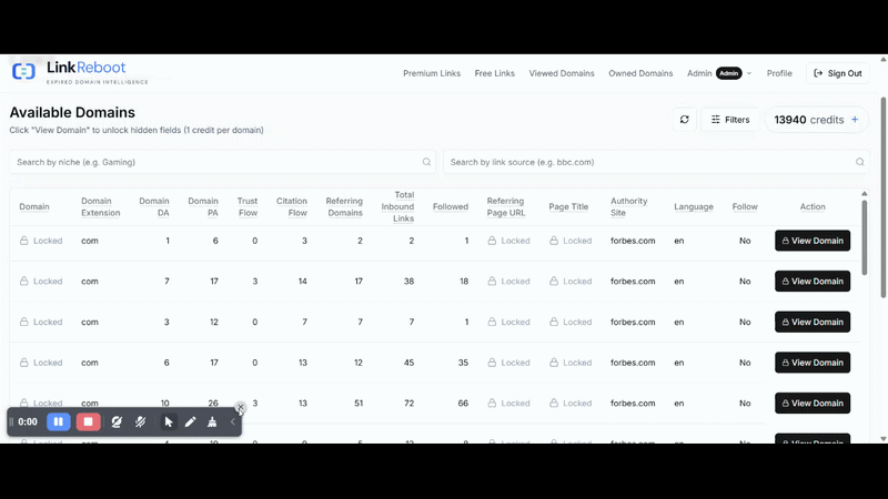 Topping up credits on LinkReboot via the Buy Credits dialog