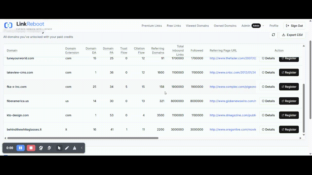 Filing a complaint from the Viewed Domains page on LinkReboot