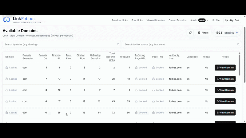 Searching and filtering links by niche on LinkReboot