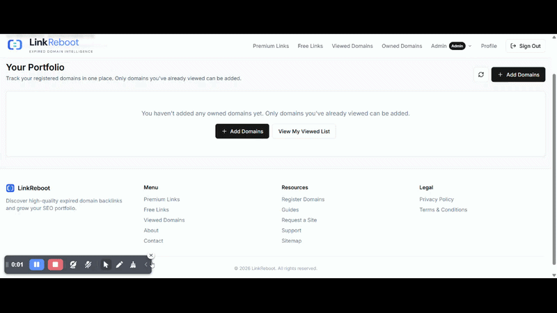 Adding a domain to the Owned Domains table on LinkReboot